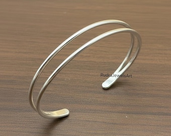 Minimal Silver Open Cuff Bangle Bracelet, Handmade 925 Sterling Silver Adjustable Bangle, Modern Everyday Jewelry Gift For Women