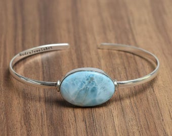Handmade Larimar Bangle: 925 Sterling Silver Statement Jewelry