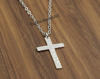 Hammered Cross Necklace 925 Sterling Silver | Handmade Textured Cross Pendant | Minimalist Christian Necklace | Religious Gift For Men Women
