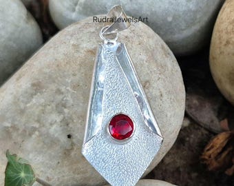 Silver Pendant with Red Gemstone, 925 Sterling Silver, Modern Geometric  Necklace, Handmade Textured Silver Jewelry, Unique Gift for Her
