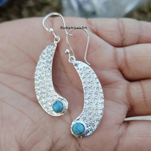 Turquoise Dangle Earrings in 925 Sterling Silver, Textured Silver Earrings, Boho Crescent Earrings, Handmade Gemstone Jewelry, Gift for Her