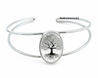 Tree Of Life Adjustable 925 Sterling Silver Bangle Bracelet | Handmade Nature Jewelry | Minimalist Silver Cuff | Gift For Her