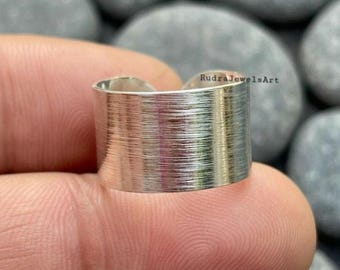 Handmade Brushed Sterling Silver Adjustable Ring | Minimal Wide Band Silver Ring | Modern Unisex Statement Jewelry