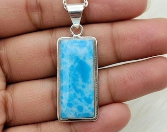 Larimar-hanger 925 sterlingzilver | Natuurlijke blauwe larimar rechthoekige ketting | Handgemaakte helende stenen sieraden cadeau voor haar