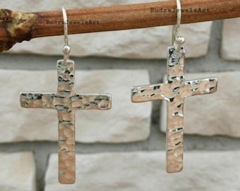 Hammered Sterling Silver Cross Earrings, Handmade Dangle Drop Earrings, Minimalist Christian Jewelry Gift for Women, Rustic Silver Earrings
