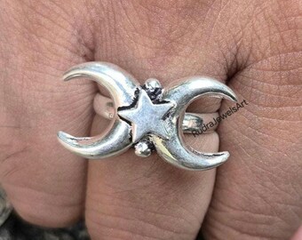 Crescent Moon Star Ring, 925 Sterling Silver, Celestial Silver Ring, Wiccan Pagan Jewelry, Boho Ring, Spiritual Witchy Gift for Her, Gifts