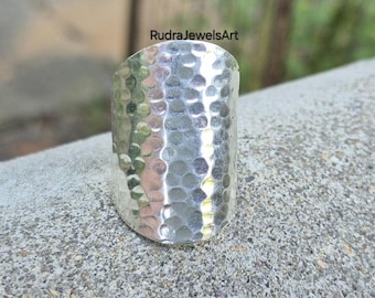 Hammered Wide Band Ring, 925 Sterling Silver, Bold Statement Ring for Women Men, Handmade Boho Cocktail Ring, Textured Silver Jewelry Gifts