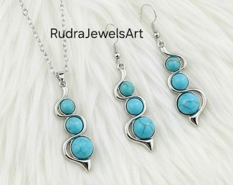 Turquoise Jewelry Set, Sterling Silver Turquoise Pendant & Earrings, Boho Gift for Her, December Birthstone Jewelry, Blue Stone Necklace Set