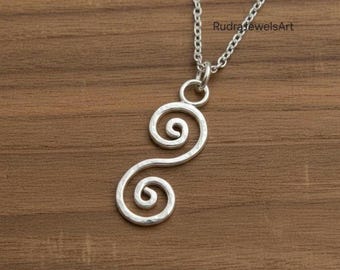 Sterling Silver Double Spiral Pendant Necklace, Celtic Spiral Jewelry, Minimalist Handmade Silver Necklace, Boho Gift for Her