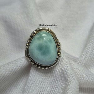 Natural Larimar Tumble Shape Stone Ring, Handmade Silver Ring, Boho Caribbean Blue Gemstone Jewelry, Gift for Her, Larimar Jewelry, Gifts