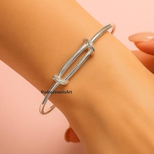 Sterling Silver Bangle Bracelet, Adjustable Minimalist Bangle Jewelry, Handmade Stackable Silver Bracelet, Everyday Dainty Gift for Women