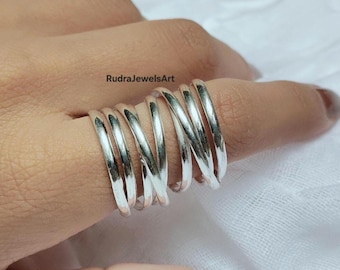 Spiral Ring, 925 Sterling Silver, Adjustable Wrap Around Ring for Women, Boho Minimalist Multi Band Ring, Handmade Statement Silver Jewelry.