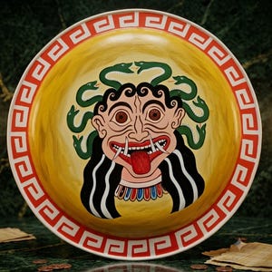 May include: A round ceramic plate featuring a central illustration of a Medusa-like figure with green snakes for hair, wide eyes, and a protruding red tongue. The plate has a yellow background and a red and white Greek key border pattern.