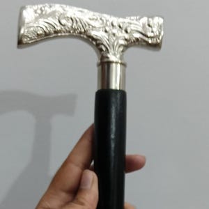 Elegant Vintage Style Walking Cane with Ornate Silver Handle  Classic Black Wooden Walking Stick