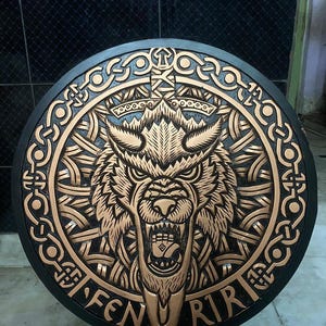 Fenrir Viking Shield: Norse Mythology Wall Art, Handcrafted Wood & Resin