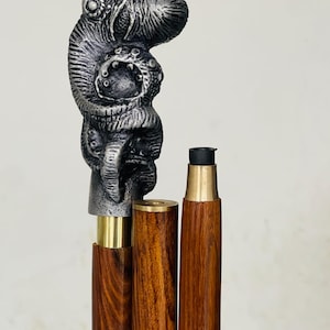 Handcrafted Wooden Walking Cane with Unique Octopus Handle Metal Detailing, Nautical Inspired Cane Custom Walking Stick Artisan Crafted Gift