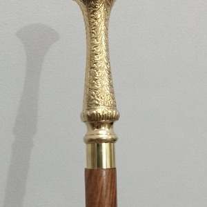 Vintage Brass Handle Walking Cane: Engraved Antique Style Wooden Stick