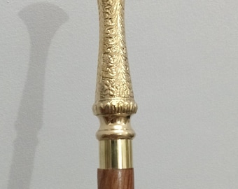 Vintage Brass Handle Walking Cane – Engraved Antique-Style Wooden Stick, Classic Brass-Topped Cane for Collector