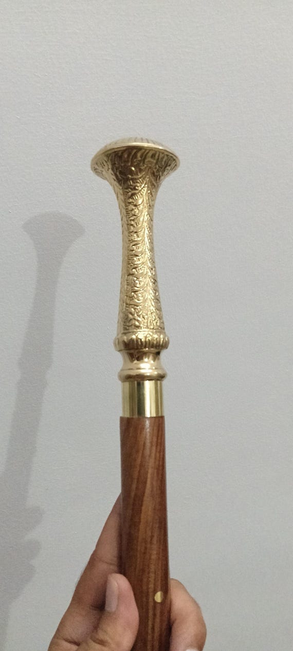 Vintage Brass Handle Walking Cane – Engraved Antique-Style Wooden Stick, Classic Brass-Topped Cane for Collector