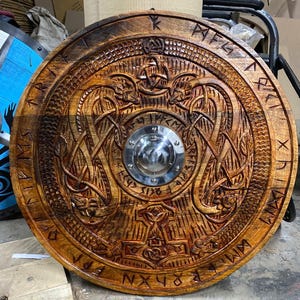 Hand Carved Wooden Viking Shield: 24&quot; Norse Decor with Runes