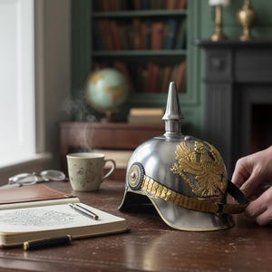 Op de afbeelding: Zilveren en gouden Duitse Pickelhaube-helm met een adelaarsembleem. Een persoon verstelt de riem. Op het bureau liggen ook een notitieboek, een pen en een kopje koffie.