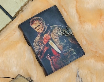 Halloween Thaem Printed Handmade Leather Notebook For Gifts, Book Of Shadows Michael Myers