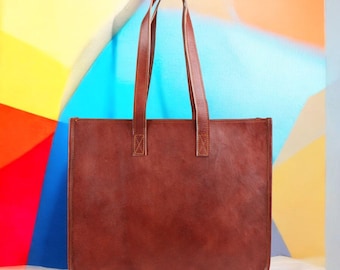 Vintage Leather Tote Bag: Distressed Full-Grain, Laptop Work Bag