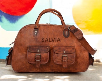Personalized Leather Duffle Bag: Handmade Vintage Travel Gym Weekender
