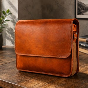 May include: A rectangular messenger bag crafted from smooth, cognac-colored leather. The bag features a large front flap with stitched edges, a structured silhouette, and a side panel made of a contrasting tan fabric with a metal attachment ring.