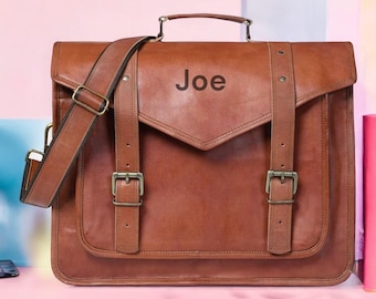 Personalized Leather Messenger Bag: Vintage Brown Crossbody Laptop Briefcase