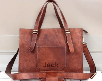 Personalized Leather Tote Bag: Vintage Handmade Laptop Shoulder Purse