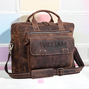 Personalized Leather Messenger Bag: 15.6&quot; Laptop Briefcase, Groomsmen Gift