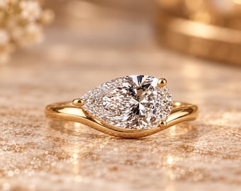 1 Carat Pear Lab Grown Diamond Ring, Pear Cut Engagement Ring, Yellow Gold Bypass Ring, IGI Certified Diamond Ring