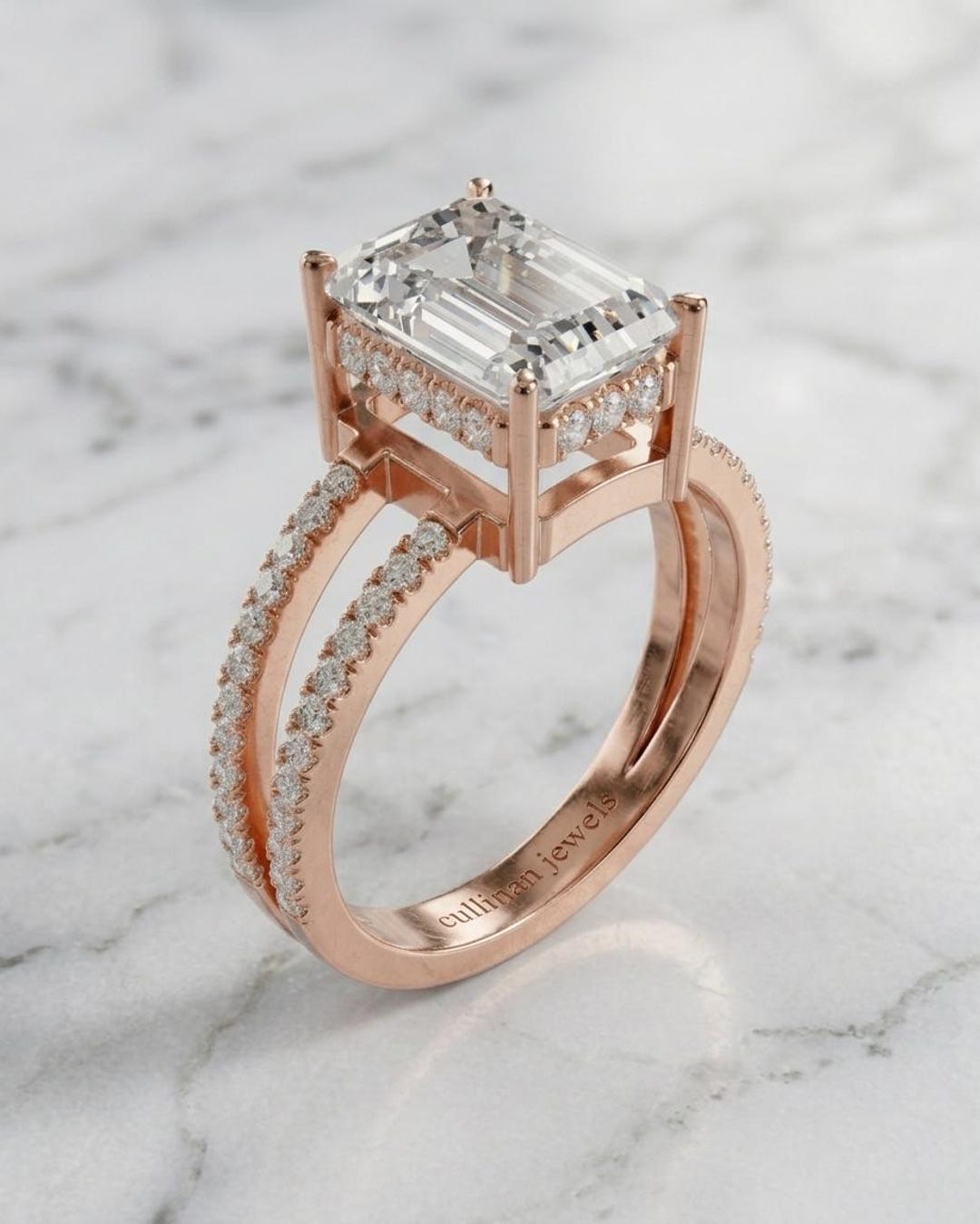 Emerald Cut Lab Diamond Engagement Ring, 3.41ct Split Shank Pavé (14K ...