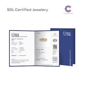May include: An SGL jewelry report document featuring a gold ring with ten round brilliant diamonds. The report lists 18k gold, a gross weight of 3.20 grams, and 0.63 carat total diamond weight. The document includes the SGL logo and text.
