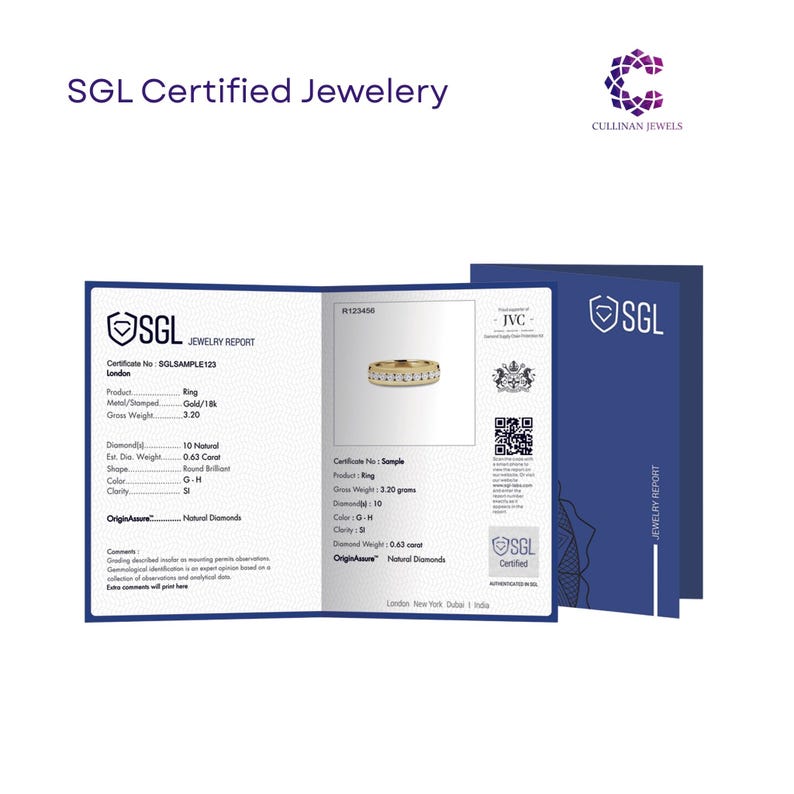 May include: An SGL jewelry report document featuring a gold ring with ten round brilliant diamonds. The report lists 18k gold, a gross weight of 3.20 grams, and 0.63 carat total diamond weight. The document includes the SGL logo and text.