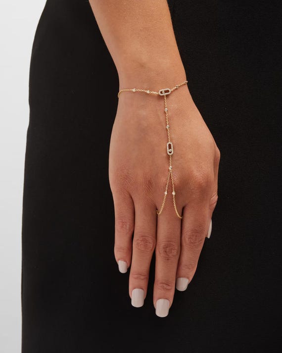 10KT Solid Gold Lab-Grown Diamond Hand Chain, Bezel-Set Bridal Jewelry