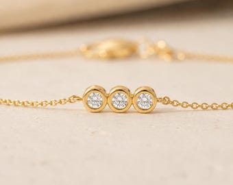 Three Diamond Bezel Bracelet, 14k Solid Gold Chain, Minimalist Fine Jewelry