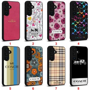 May include: A collection of eight phone cases with black borders. Designs include a pink leather texture, a white pattern with hearts and Coach logos, floral patterns, and a black case with a Coach logo and carriage.