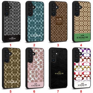 May include: Collection of eight phone cases with various Coach patterns and designs. Cases feature the Coach logo and come in colors like gray, teal, brown, and pink. Some cases have a textured appearance.
