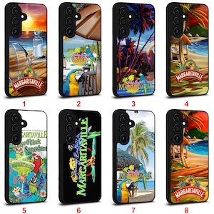 May include: A collection of eight phone cases featuring the "Margaritaville" logo and tropical imagery. Designs include sunsets, parrots, palm trees, and beach scenes. Each case has a black border and a camera cutout.