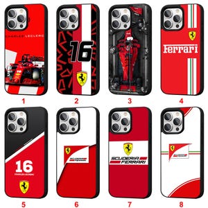 May include: Eight iPhone cases with Ferrari designs. The cases display the Ferrari logo, racing car images, and the number 16. The colour scheme includes red, black, and white. Some cases have the text "CHARLES LECLERC" and "SCUDERIA FERRARI".