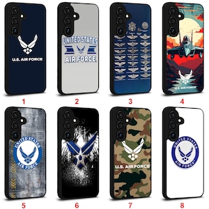 May include: A collection of eight phone cases featuring U.S. Air Force designs. The cases display various emblems, logos, and text, including the words "U.S. Air Force" and "United States Air Force". The designs incorporate military insignia, camouflage, and an aircraft illustration.