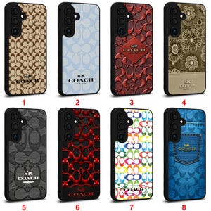 May include: Eight phone cases showcasing Coach designs. The cases display the Coach logo and patterns in brown, light blue, red, floral, black, red, multi-colour, and denim. Each case has a black border and a camera cut-out.