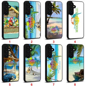 Op de afbeelding: Een verzameling van acht telefoonhoesjes met zwarte randen, elk met een ander tropisch ontwerp. Ontwerpen omvatten papegaaien, strandscènes en de tekst "Margaritaville."