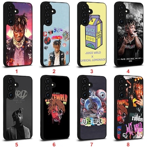 May include: A collection of eight black phone cases featuring various designs. The cases showcase images of a musician, album art, and text including "Juice WRLD", "999", and "Lyrical Lemonade". The cases are designed for a smartphone.