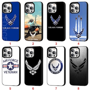 May include: Collection of eight phone cases featuring U.S. Air Force emblems and imagery. Designs include the Air Force logo, a jet, and the words "U.S. Air Force" and "Air Force Veteran." Cases come in various colors, including blue, black, and white.