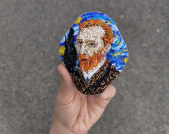 Beaded Brooch Van Gogh: Embroidered pin Embroidery portrait