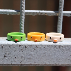 Puede incluir: Tres anillos coloridos con caras de pájaros de dibujos animados. Los anillos son verdes, amarillos y blanquecinos, cada uno con ojos negros y un pico naranja. Los anillos están sobre una superficie gris.