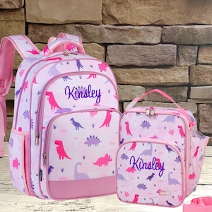 Personalized Backpack and Lunchbox Set, Lunchbox, Backpack, Kindergarten, Elementary School, Middle School, Camping, Pink Dinosaur, Dino
